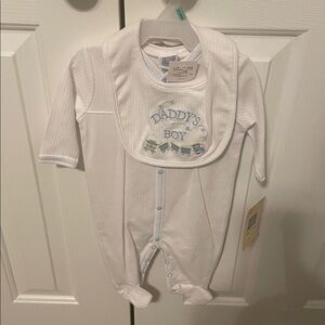 Little Me Boy's White One Piece Outfit with Bib 3 Months (New With Tags)